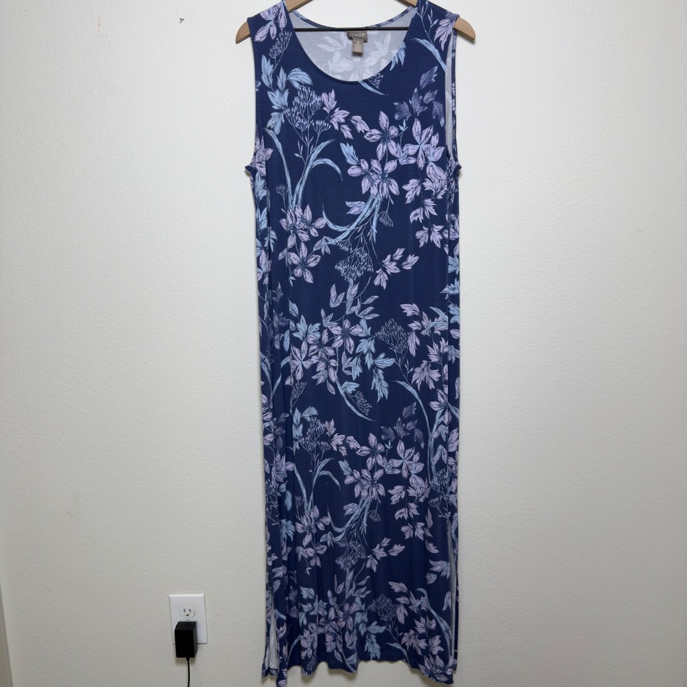 Chico's Women Maxi Dress XL Blue Floral Sleeveless Stretch Casual Lounge 3